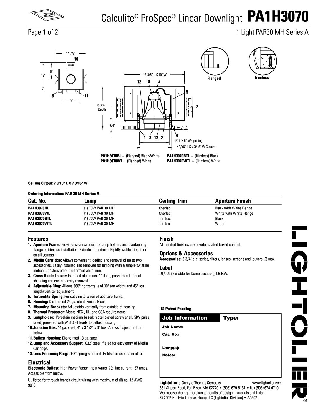Lightolier manual Calculite ProSpec Linear Downlight PA1H3070, Page 1 of, Light PAR30 MH Series A, Cat. No, Lamp, Label 