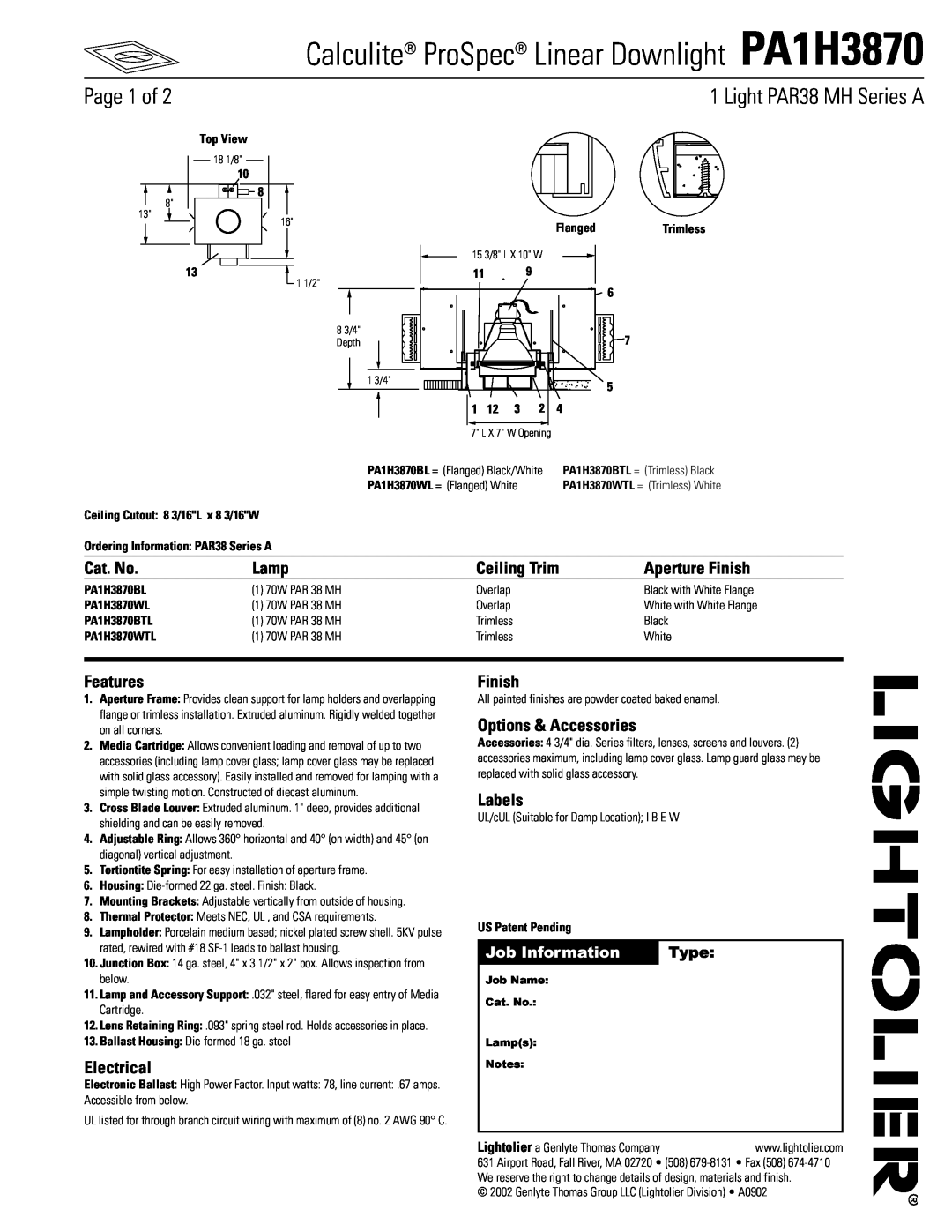 Lightolier PA1H3870 manual Page 1 of, Cat. No, Lamp, Ceiling Trim, Aperture Finish, Features, Electrical, Labels, Type 