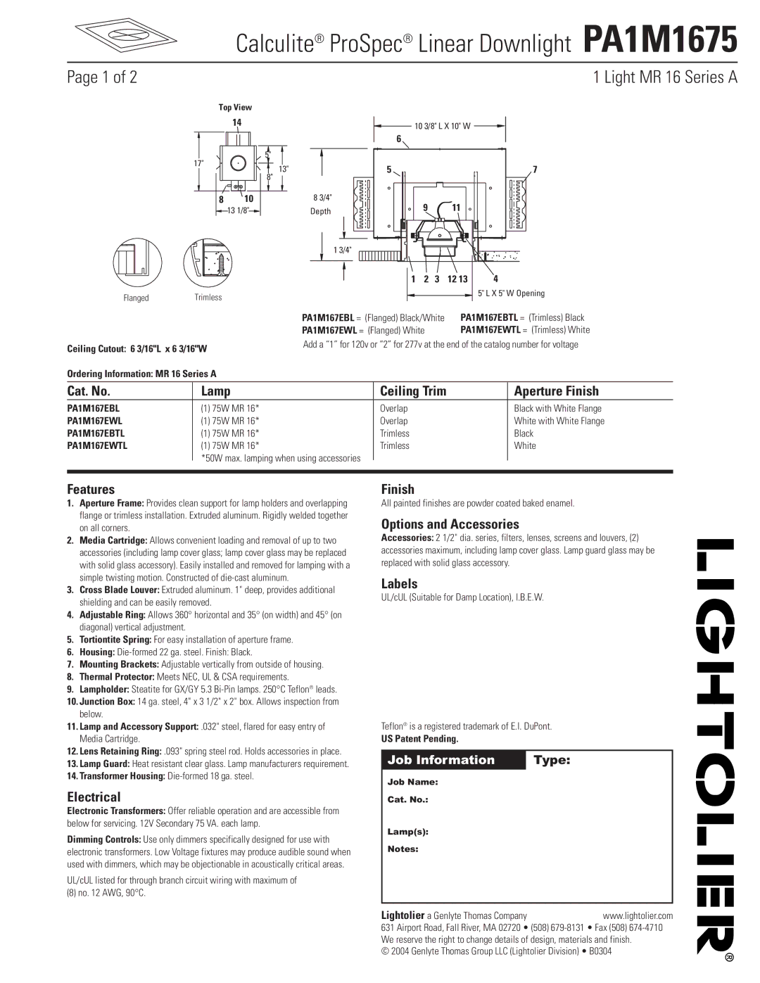 Lightolier manual Calculite ProSpec Linear Downlight PA1M1675 