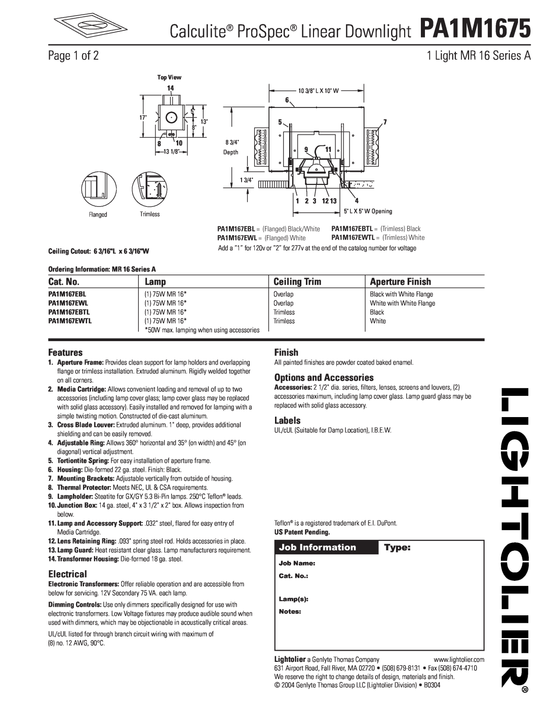 Lightolier PA1M1675 manual Page 1 of, Light MR 16 Series A, Cat. No, Lamp, Ceiling Trim, Aperture Finish, Features, Labels 
