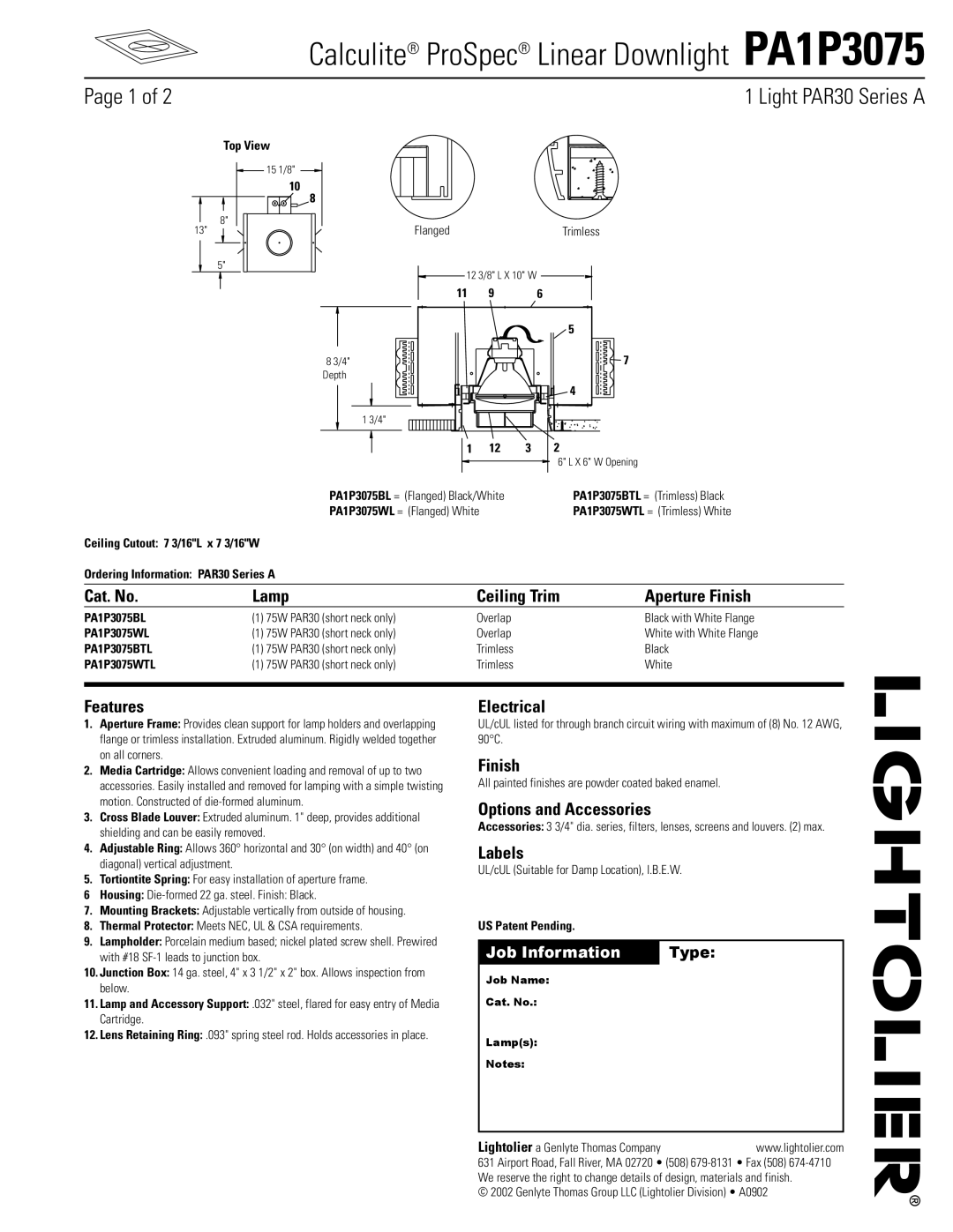 Lightolier PA1P3075 manual Cat. No Lamp, Aperture Finish, Features, Electrical, Options and Accessories, Labels 