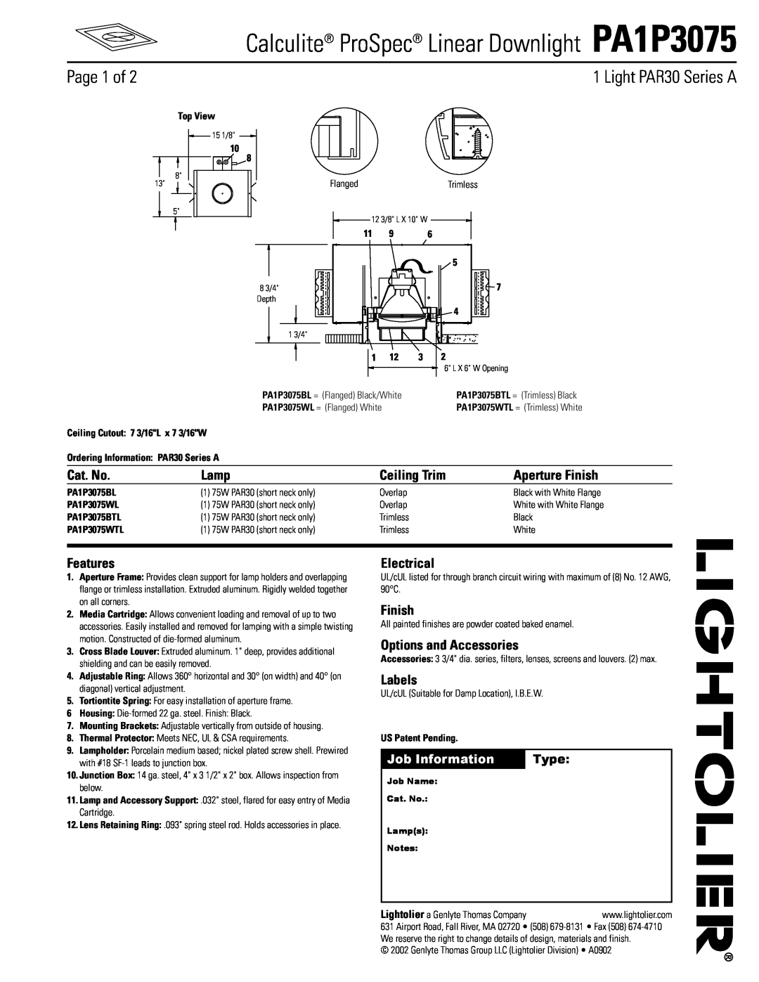 Lightolier PA1P3075 manual Light PAR30 Series A, Page 1 of, Cat. No, Lamp, Aperture Finish, Features, Electrical, Labels 
