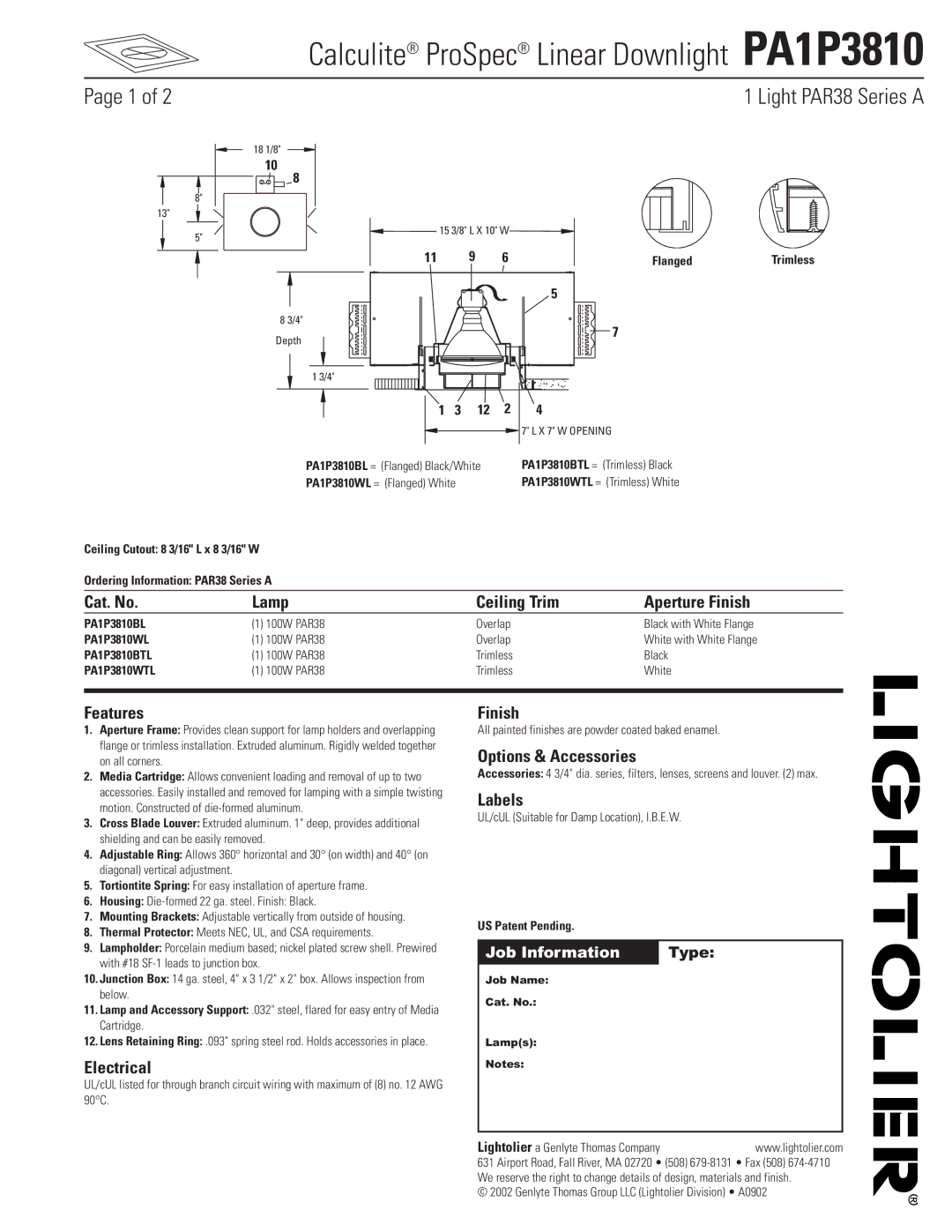 Lightolier manual Calculite ProSpec Linear Downlight PA1P3810 