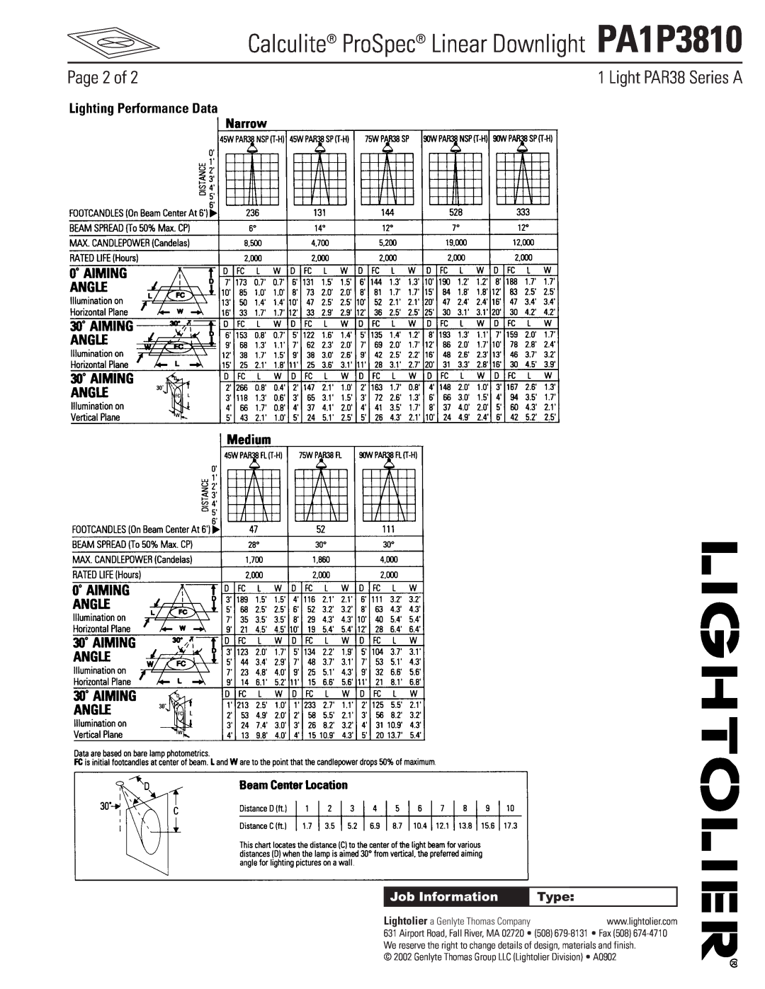 Lightolier manual Page 2 of, Calculite ProSpec Linear Downlight PA1P3810, Light PAR38 Series A, Job Information, Type 