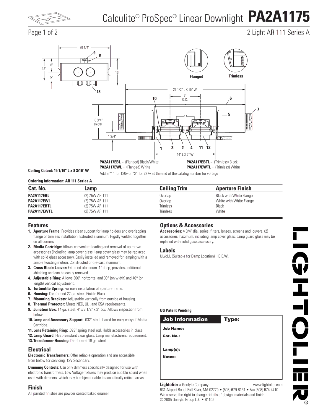 Lightolier PA2A1175 manual Cat. No Lamp Ceiling Trim Aperture Finish, Features, Electrical, Options & Accessories, Labels 