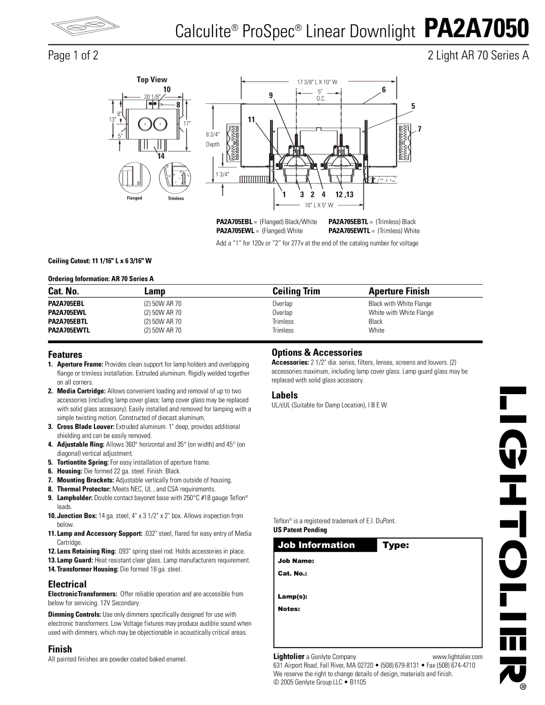 Lightolier PA2A7050 manual Cat. No Lamp Ceiling Trim Aperture Finish, Features, Electrical, Options & Accessories, Labels 