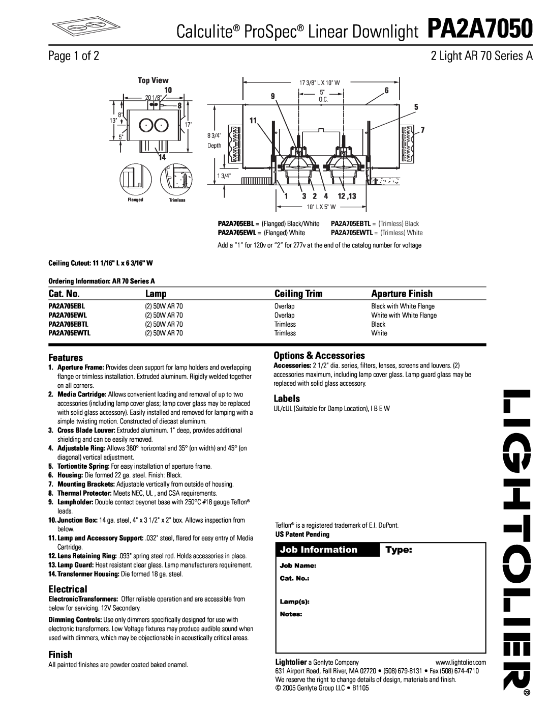 Lightolier manual Calculite ProSpec Linear Downlight PA2A7050, Page 1 of, Light AR 70 Series A, Type, Job Information 