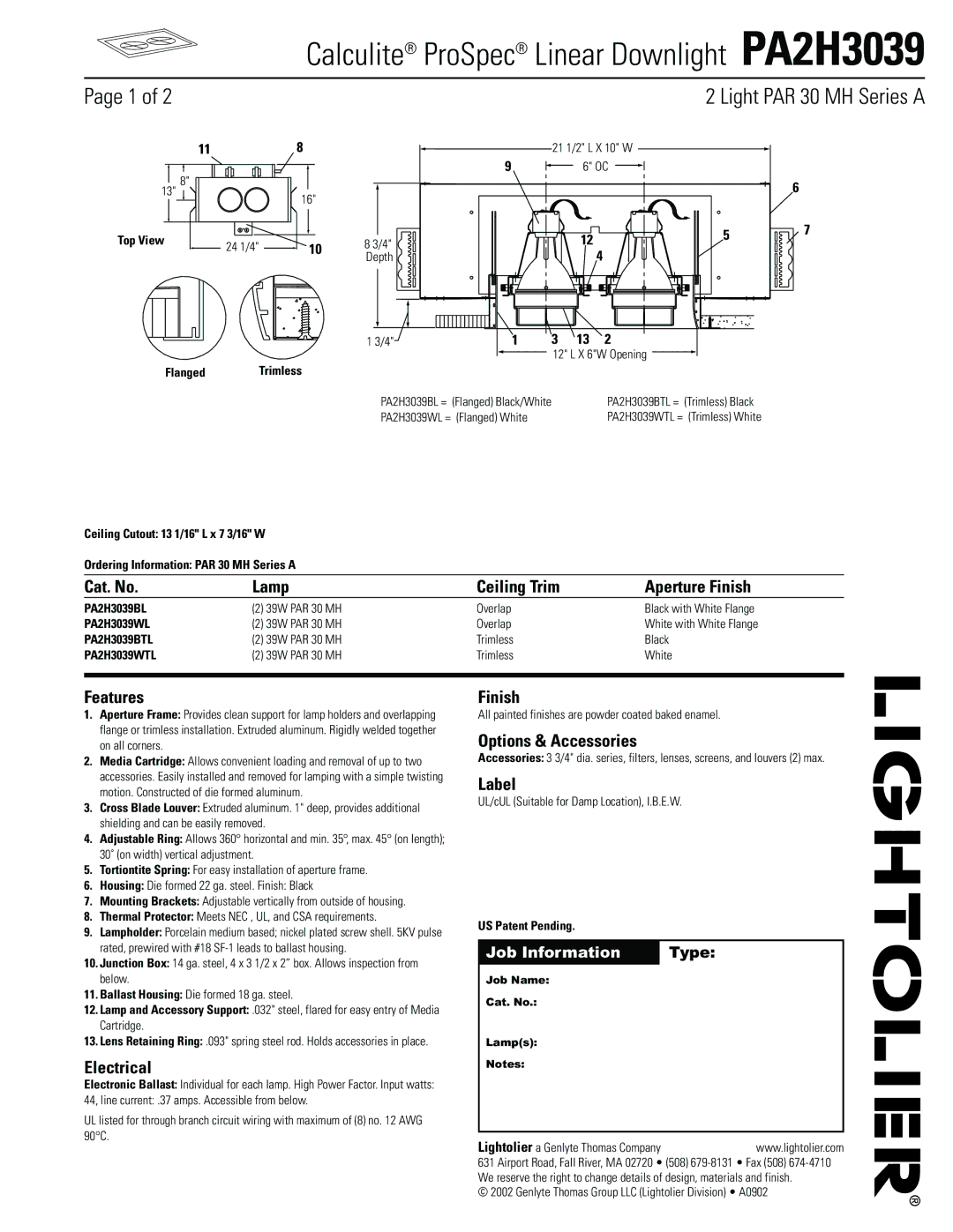 Lightolier PA2H3039 manual Cat. No Lamp Ceiling Trim Aperture Finish, Features, Electrical, Options & Accessories, Label 