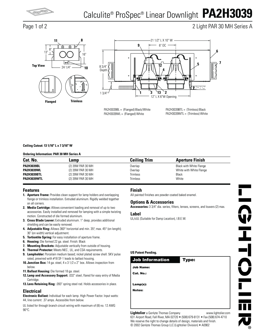 Lightolier PA2H3039 manual Page 1 of, Light PAR 30 MH Series A, Cat. No, Lamp, Ceiling Trim, Aperture Finish, Features 