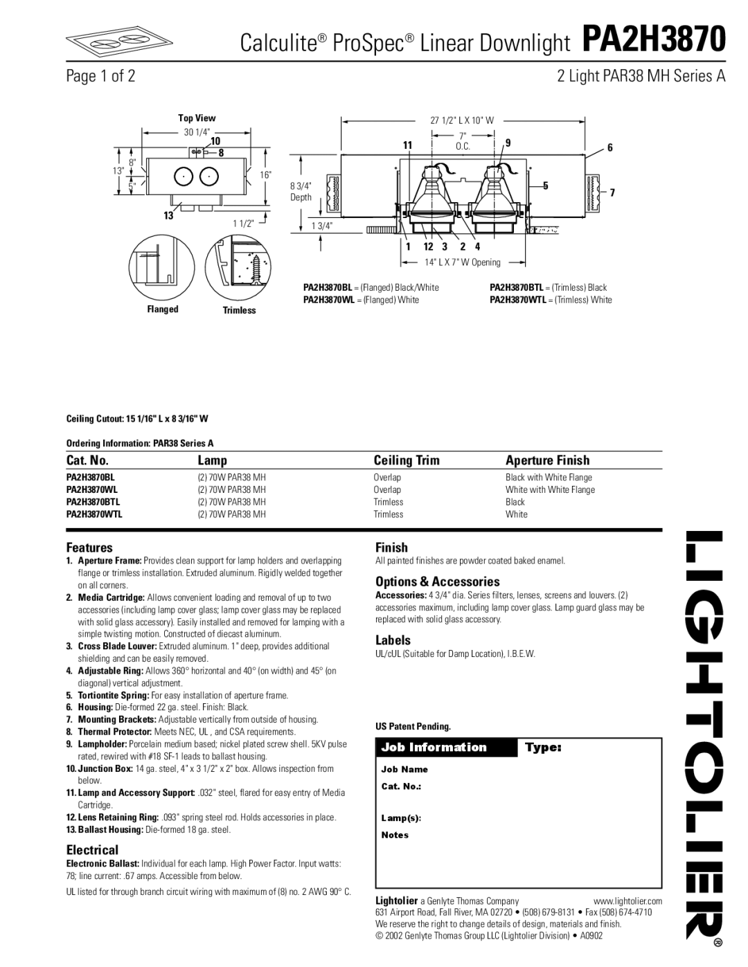 Lightolier PA2H3870 manual Cat. No Lamp Ceiling Trim Aperture Finish, Features, Electrical, Options & Accessories, Labels 