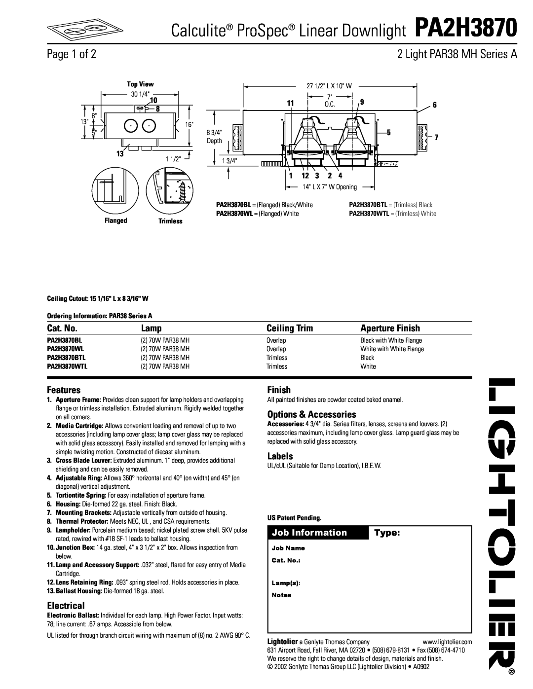 Lightolier PA2H3870 manual Light PAR38 MH Series A, Page 1 of, Cat. No, Lamp, Ceiling Trim, Aperture Finish, Features 