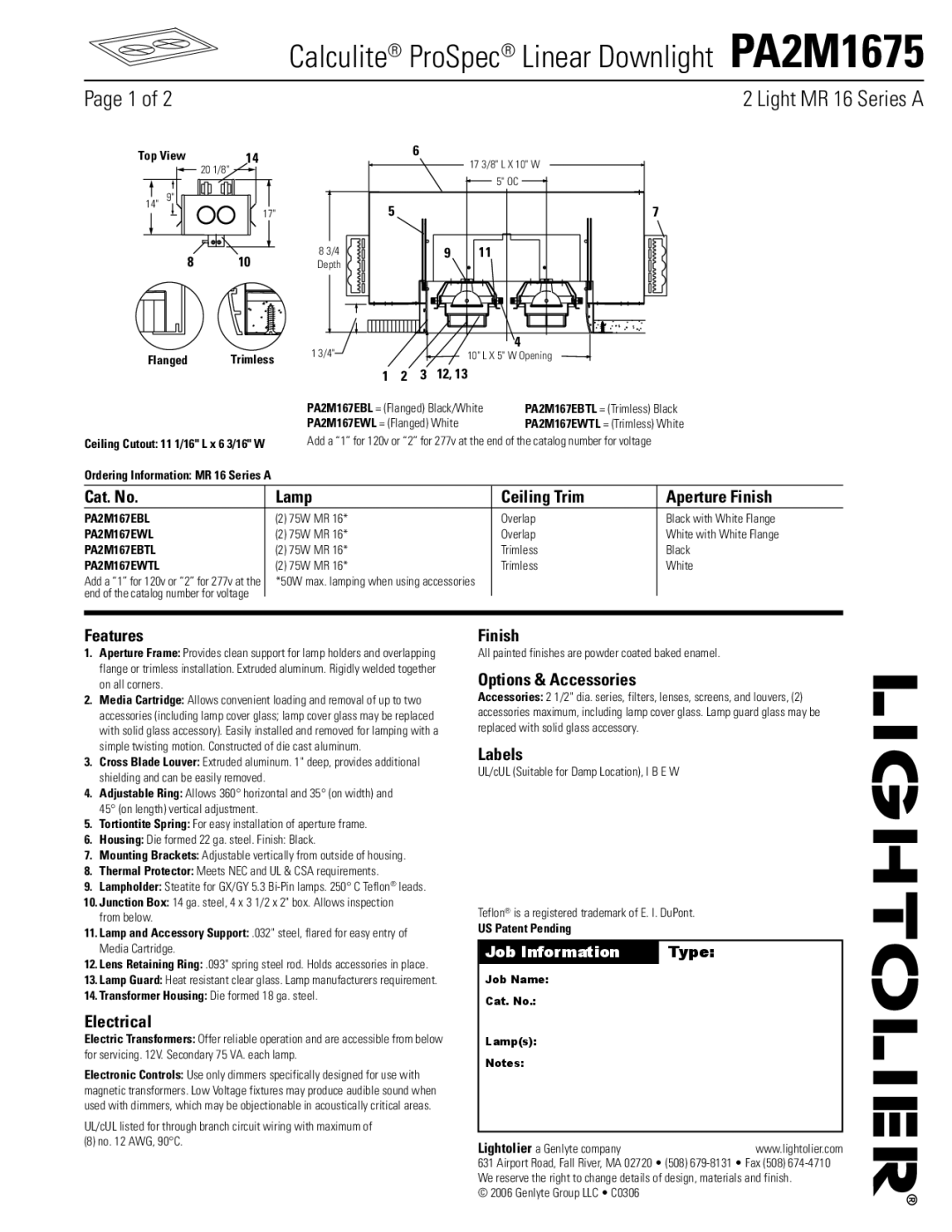 Lightolier PA2M1675 manual Cat. No Lamp Ceiling Trim Aperture Finish, Features, Electrical, Options & Accessories, Labels 