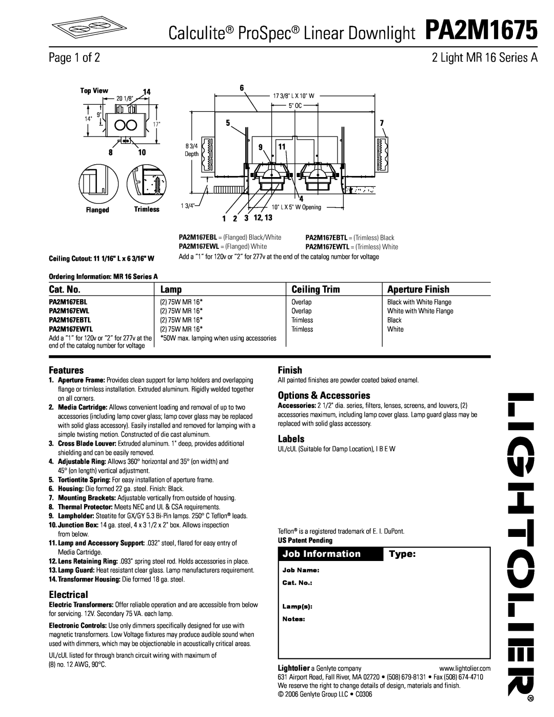 Lightolier manual Calculite ProSpec Linear Downlight PA2M1675, Page 1 of, Light MR 16 Series A, Cat. No, Lamp, Features 