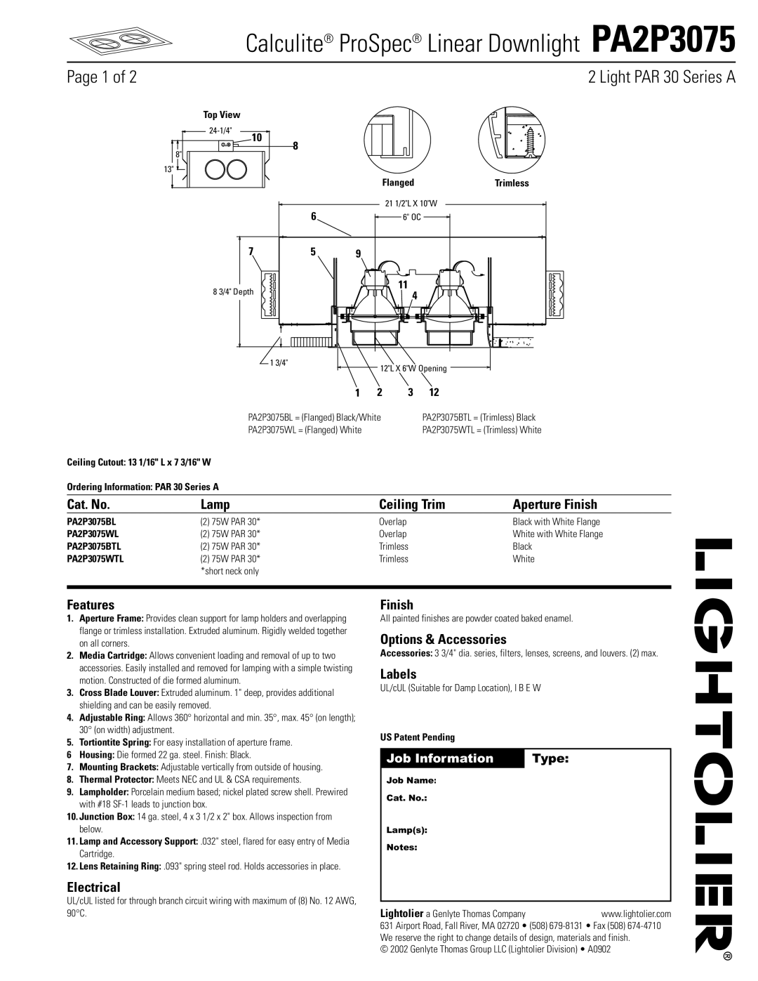 Lightolier PA2P3075 manual Cat. No Lamp Ceiling Trim Aperture Finish, Features, Electrical, Options & Accessories, Labels 