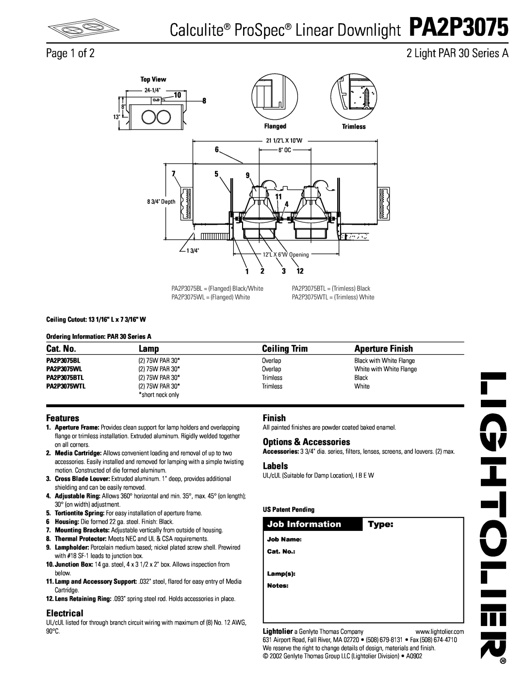Lightolier PA2P3075 manual Page 1 of, Light PAR 30 Series A, Cat. No, Lamp, Ceiling Trim, Aperture Finish, Features, Type 