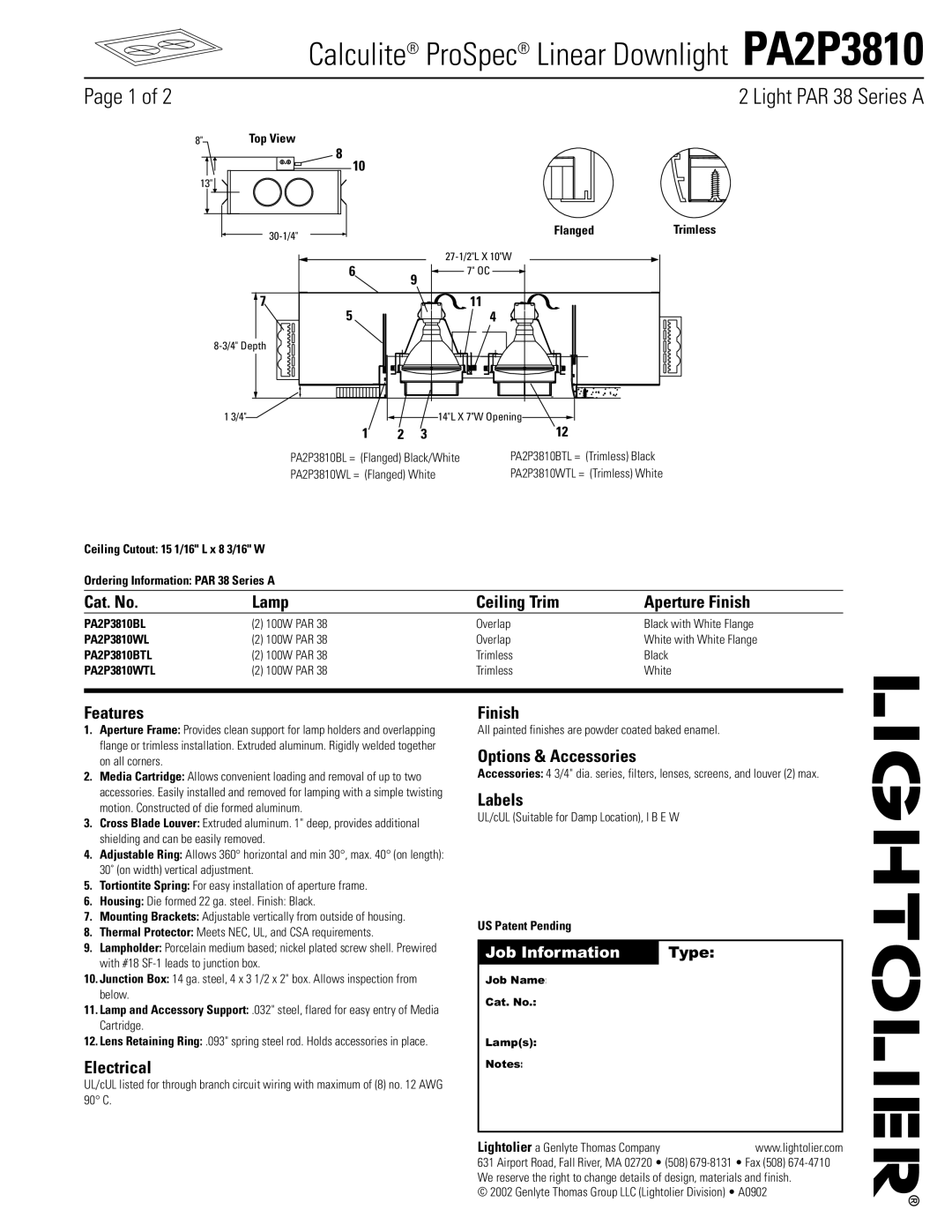 Lightolier manual Calculite ProSpec Linear Downlight PA2P3810 