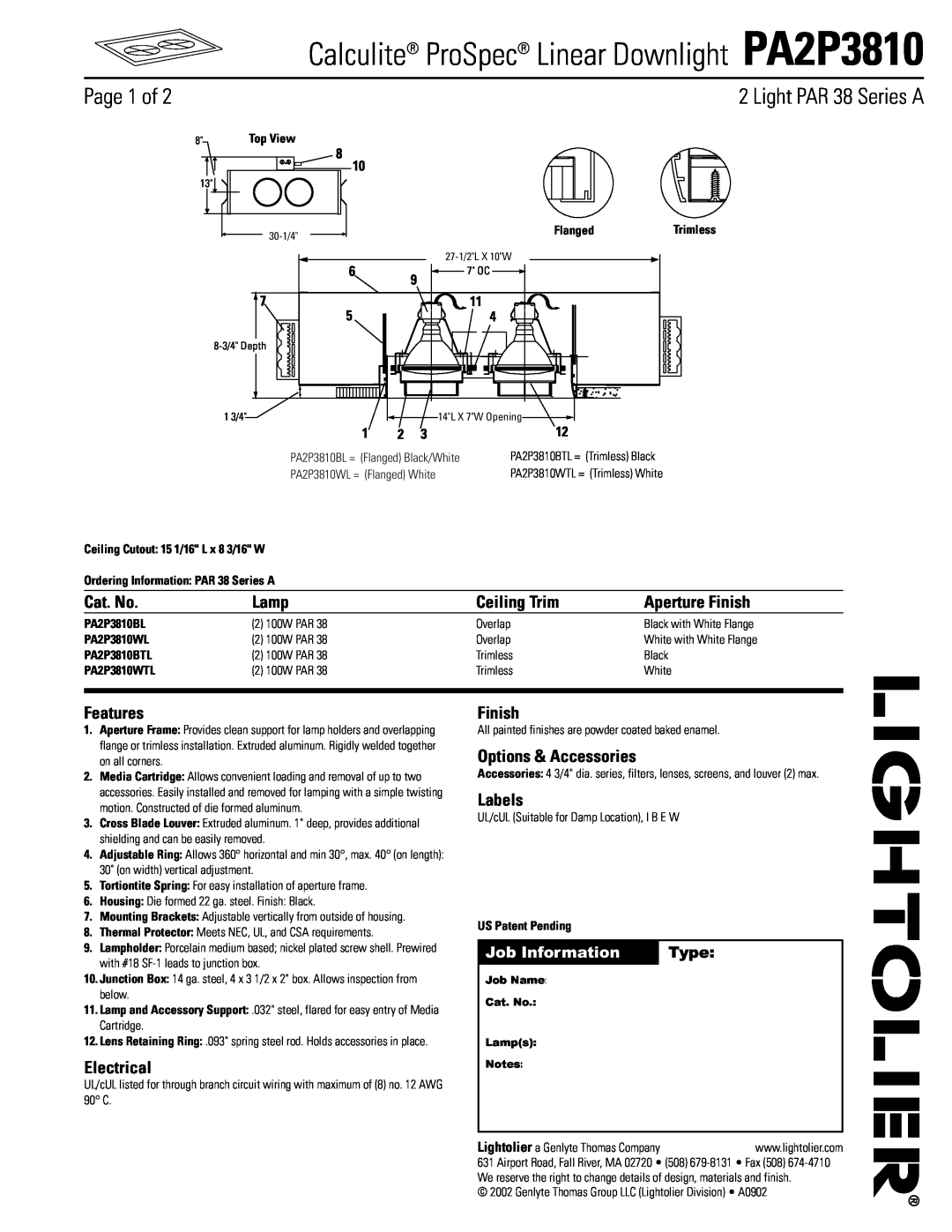 Lightolier manual Calculite ProSpec Linear Downlight PA2P3810, Page 1 of, Light PAR 38 Series A, Cat. No, Lamp, Finish 