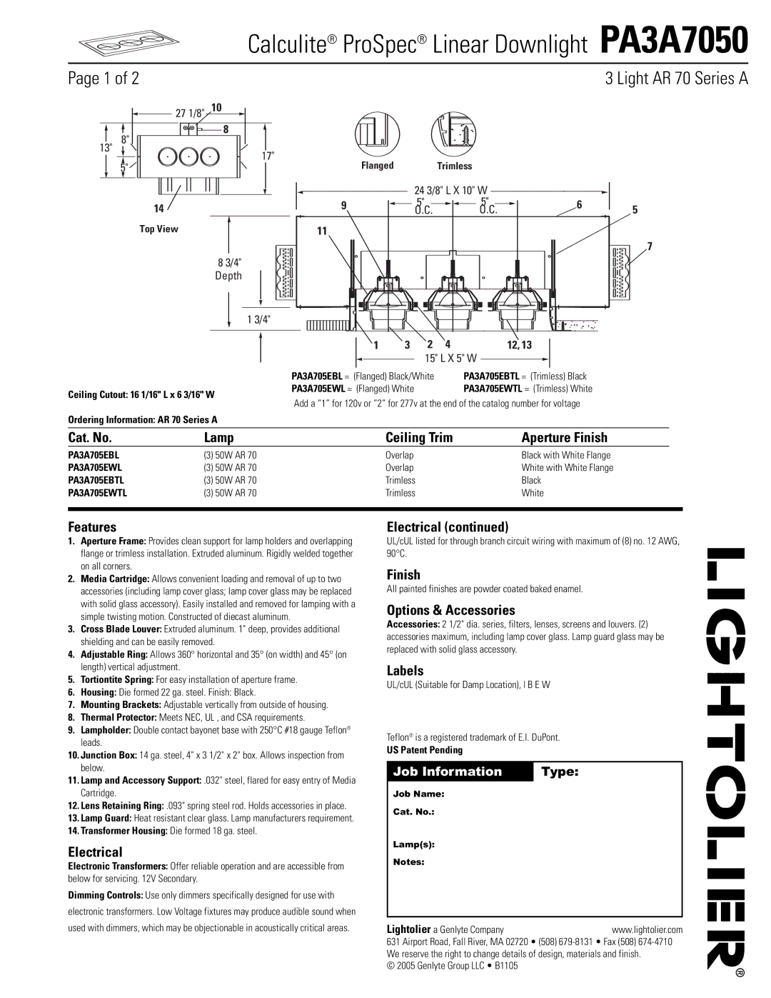 Lightolier PA3A7050 manual Cat. No Lamp, Aperture Finish, Features, Electrical, Options & Accessories, Labels 