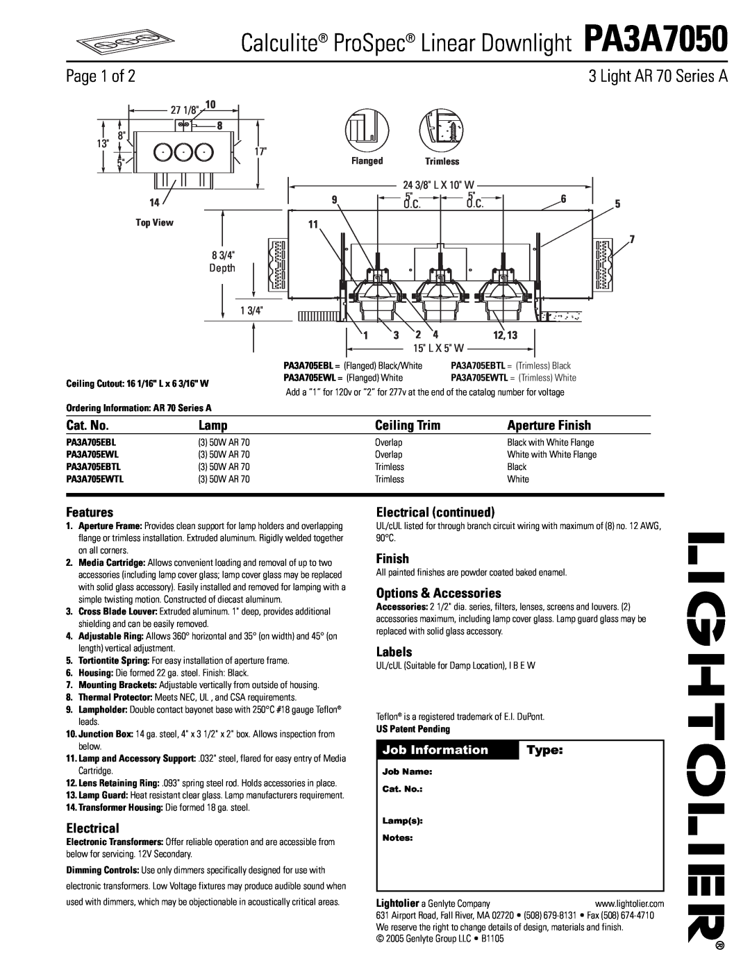 Lightolier manual Calculite ProSpec Linear Downlight PA3A7050, Page 1 of, Ceiling Trim, Type, Job Information, Top View 