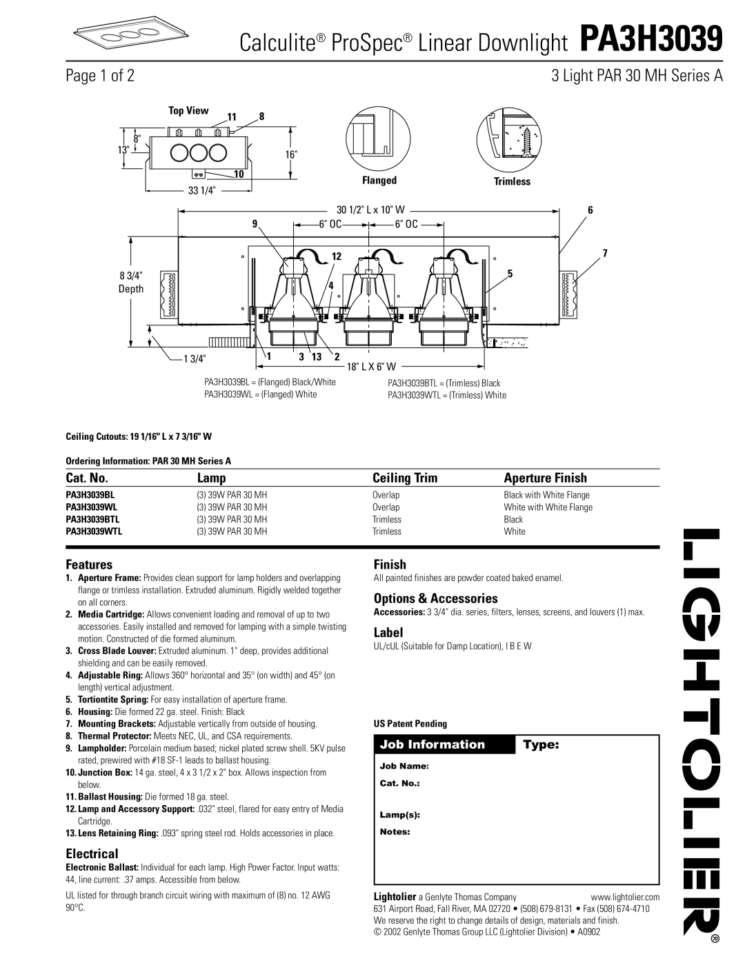 Lightolier PA3H3039 manual Cat. No Lamp Ceiling Trim Aperture Finish, Features, Electrical, Options & Accessories, Label 