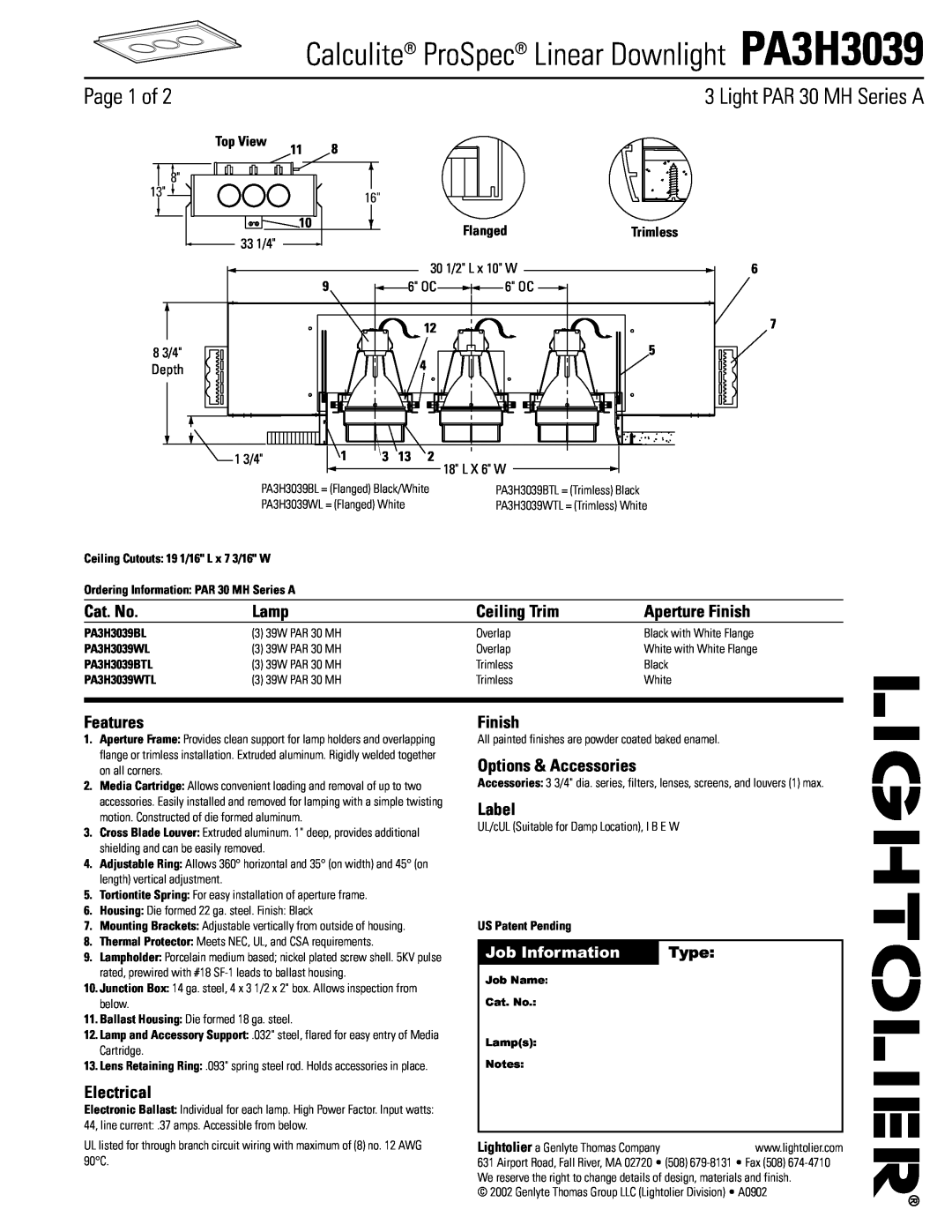 Lightolier PA3H3039 manual Page 1 of, Light PAR 30 MH Series A, Cat. No, Lamp, Ceiling Trim, Aperture Finish, Features 