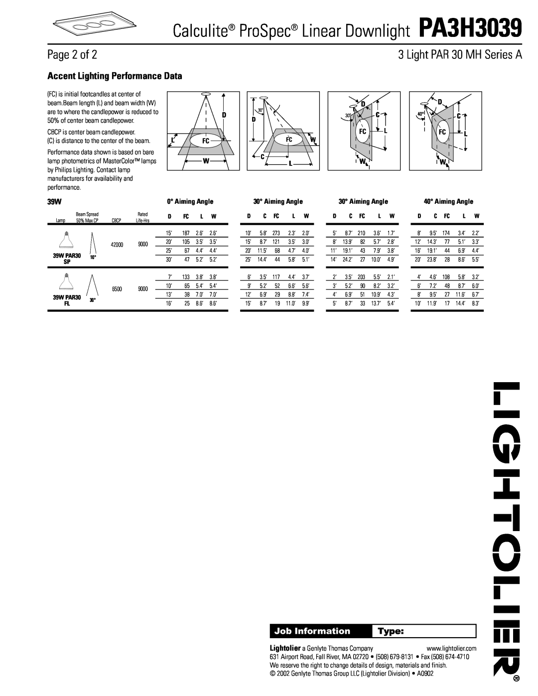 Lightolier Page 2 of, Accent Lighting Performance Data, Aiming Angle, Calculite ProSpec Linear Downlight PA3H3039, Type 