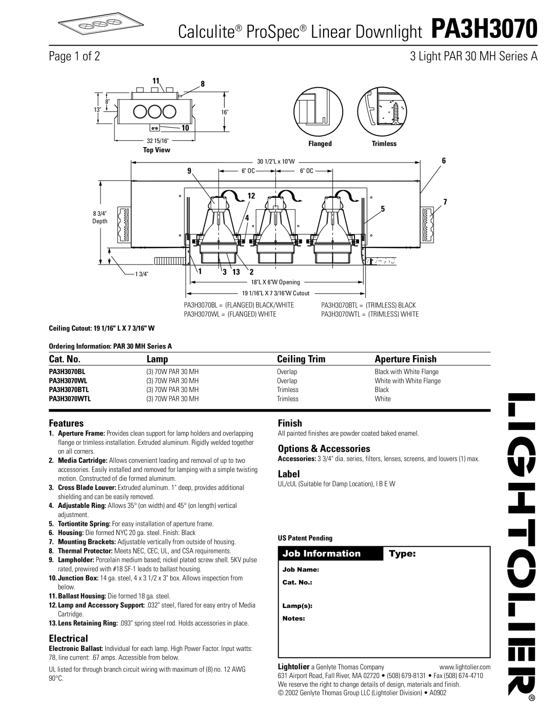 Lightolier PA3H3070 manual Cat. No Lamp Ceiling Trim Aperture Finish, Features, Electrical, Options & Accessories, Label 