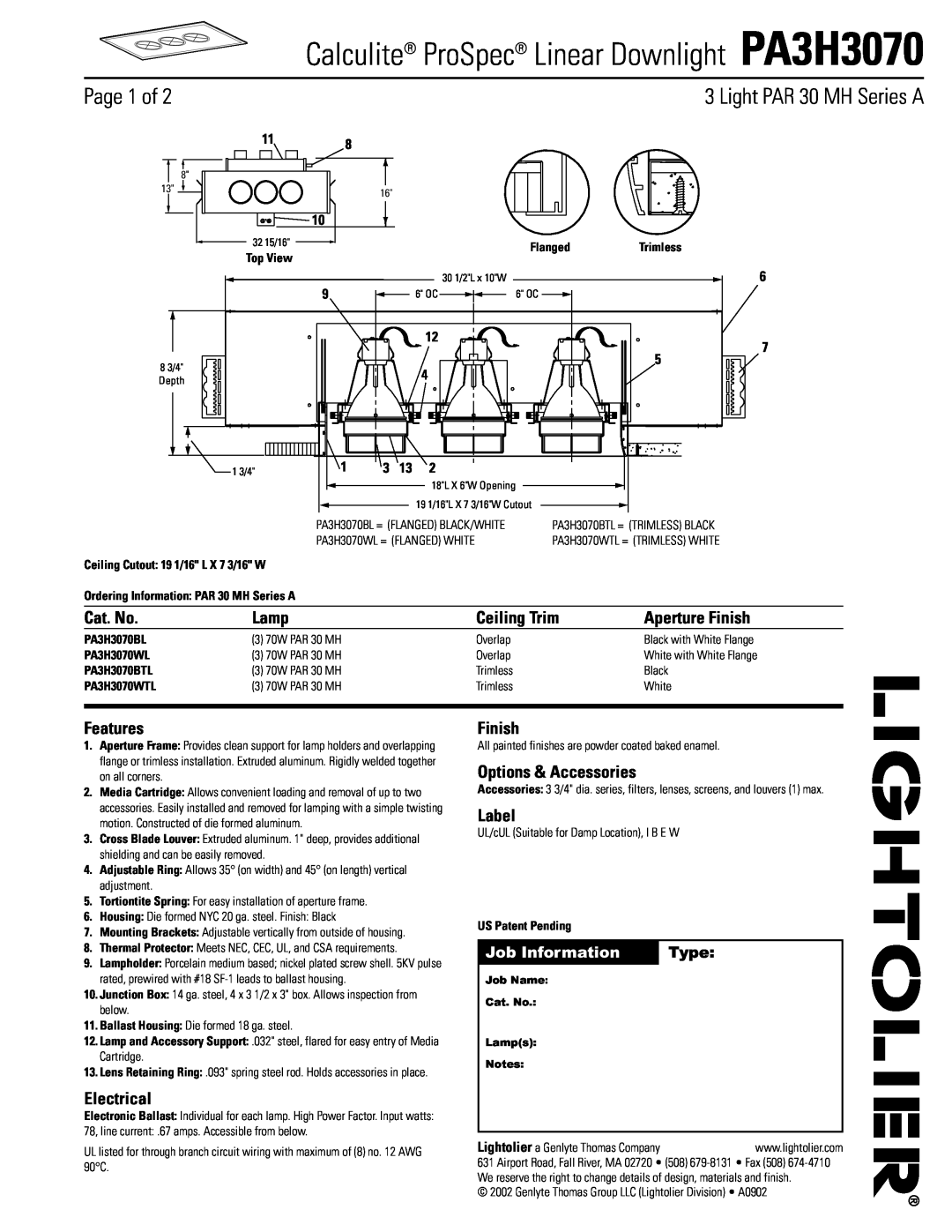 Lightolier PA3H3070 manual Page 1 of, Light PAR 30 MH Series A, Cat. No, Lamp, Ceiling Trim, Aperture Finish, Features 