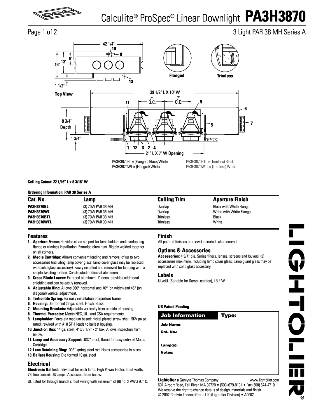 Lightolier PA3H3870 manual Page 1 of, Light PAR 38 MH Series A, Cat. No, Lamp, Ceiling Trim, Aperture Finish, Features 