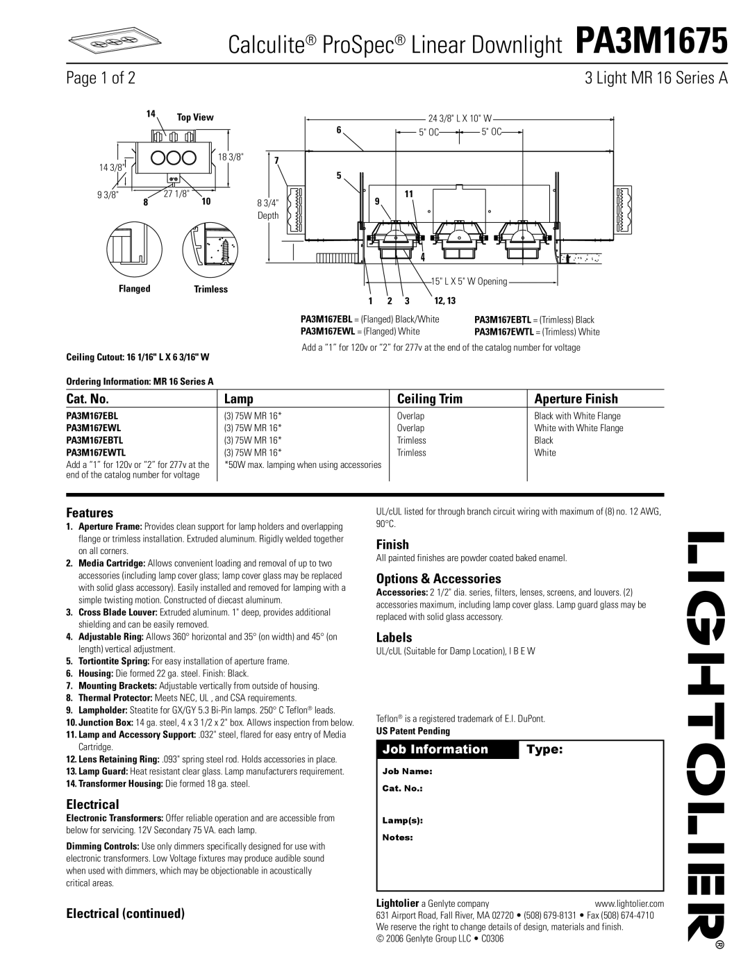 Lightolier PA3M1675 manual Cat. No Lamp, Aperture Finish, Features, Electrical, Options & Accessories, Labels 