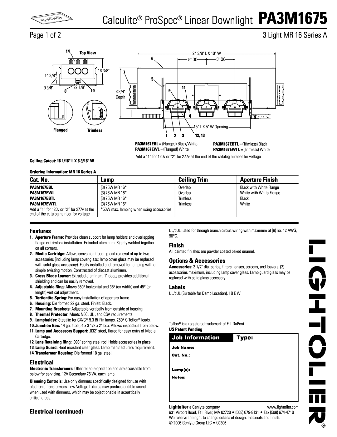 Lightolier manual Calculite ProSpec Linear Downlight PA3M1675, Page 1 of, Light MR 16 Series A, Cat. No, Lamp, Features 