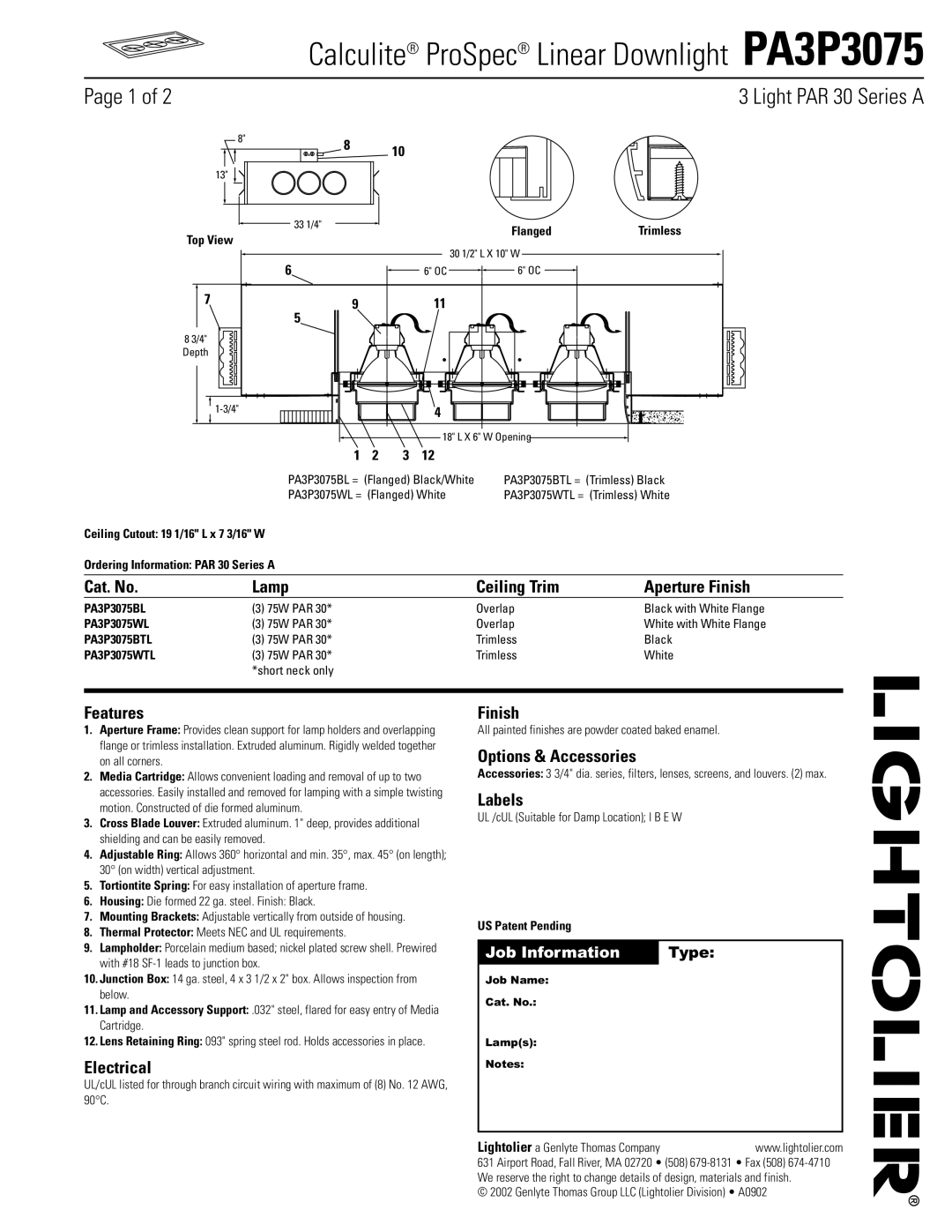 Lightolier PA3P3075 manual Cat. No Lamp Ceiling Trim Aperture Finish, Features, Electrical, Options & Accessories, Labels 