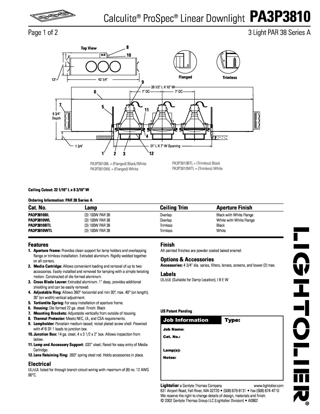 Lightolier manual Calculite ProSpec Linear Downlight PA3P3810, Page 1 of, Light PAR 38 Series A, Cat. No, Lamp, Finish 