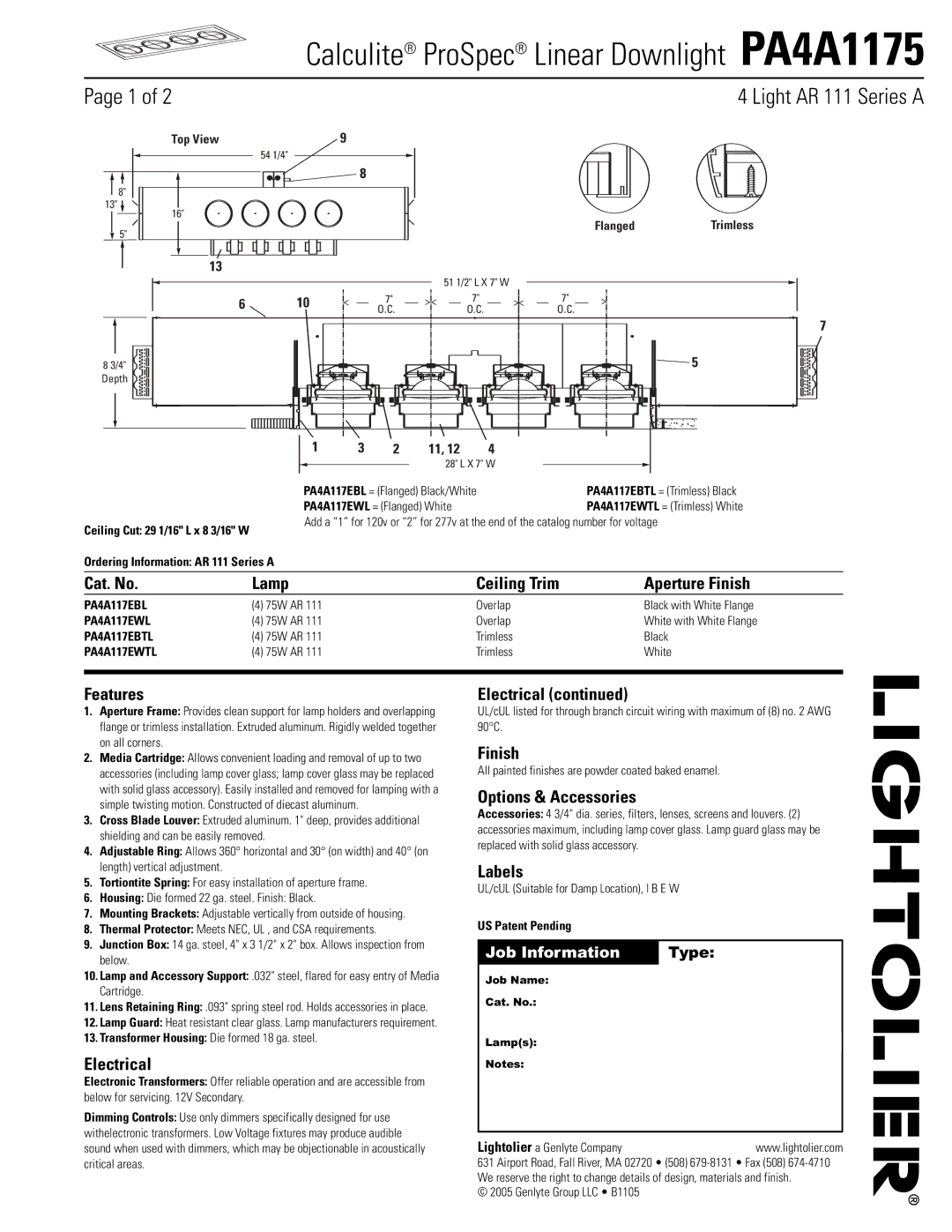 Lightolier PA4A1175 manual Cat. No Lamp Ceiling Trim Aperture Finish, Features, Electrical, Options & Accessories, Labels 