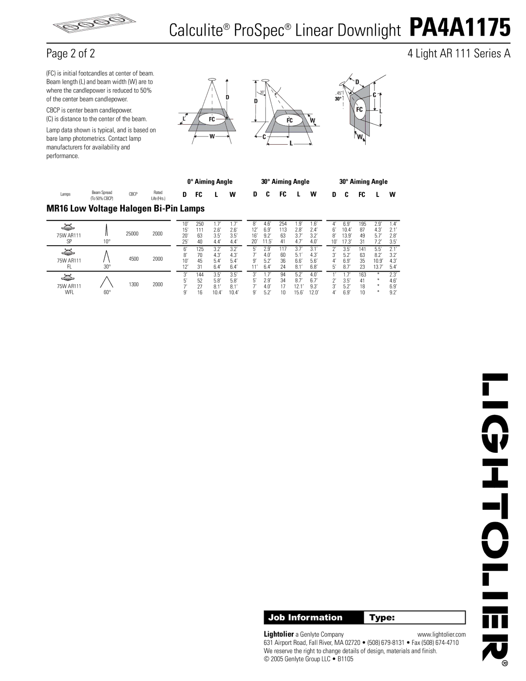 Lightolier PA4A1175 manual Light AR 111 Series a, MR16 Low Voltage Halogen Bi-Pin Lamps 