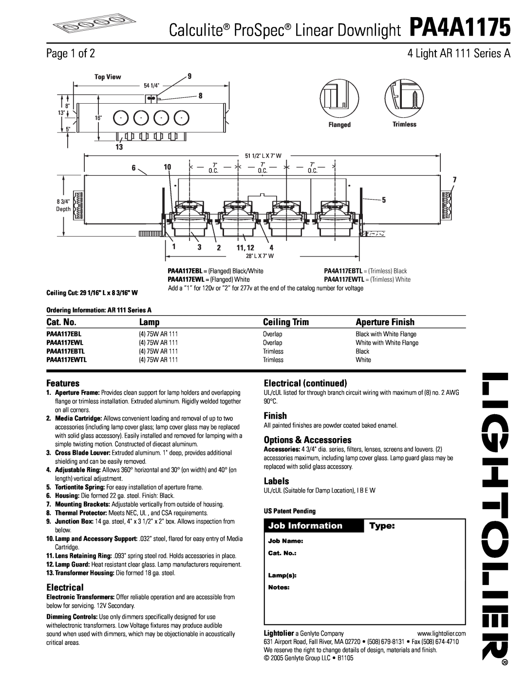 Lightolier manual Calculite ProSpec Linear Downlight PA4A1175, Page 1 of 
