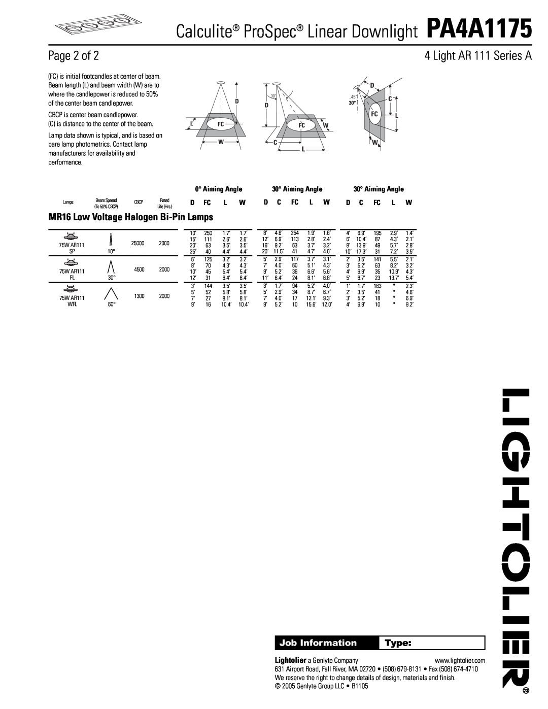 Lightolier Page 2 of, Light AR 111 Series A, Calculite ProSpec Linear Downlight PA4A1175, Job Information, Type, D Fc 
