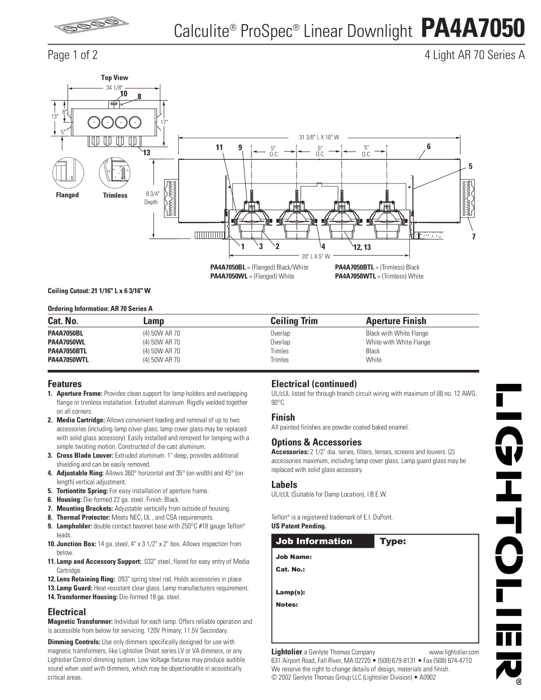 Lightolier PA4A7050 manual Cat. No Lamp Ceiling Trim Aperture Finish, Features, Electrical, Options & Accessories, Labels 