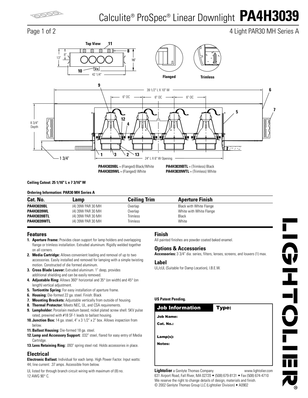 Lightolier PA4H3039 manual Cat. No Lamp Ceiling Trim Aperture Finish, Features, Electrical, Options & Accessories, Label 