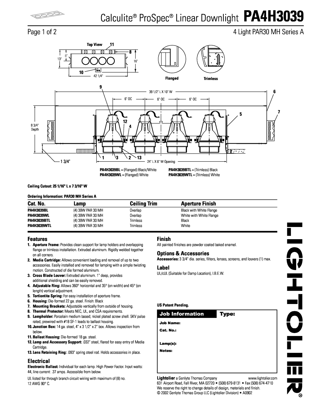 Lightolier manual Calculite ProSpec Linear Downlight PA4H3039, Page 1 of, Light PAR30 MH Series A, Cat. No, Lamp, Label 