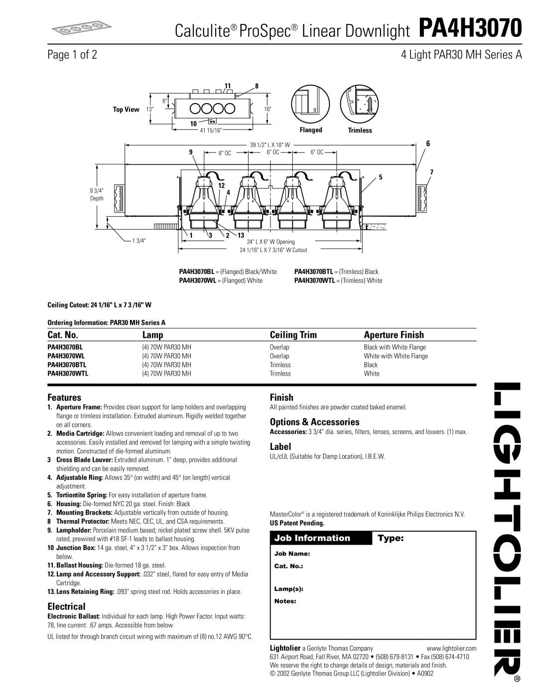 Lightolier PA4H3070 manual Cat. No Lamp Ceiling Trim Aperture Finish, Features, Electrical, Options & Accessories, Label 