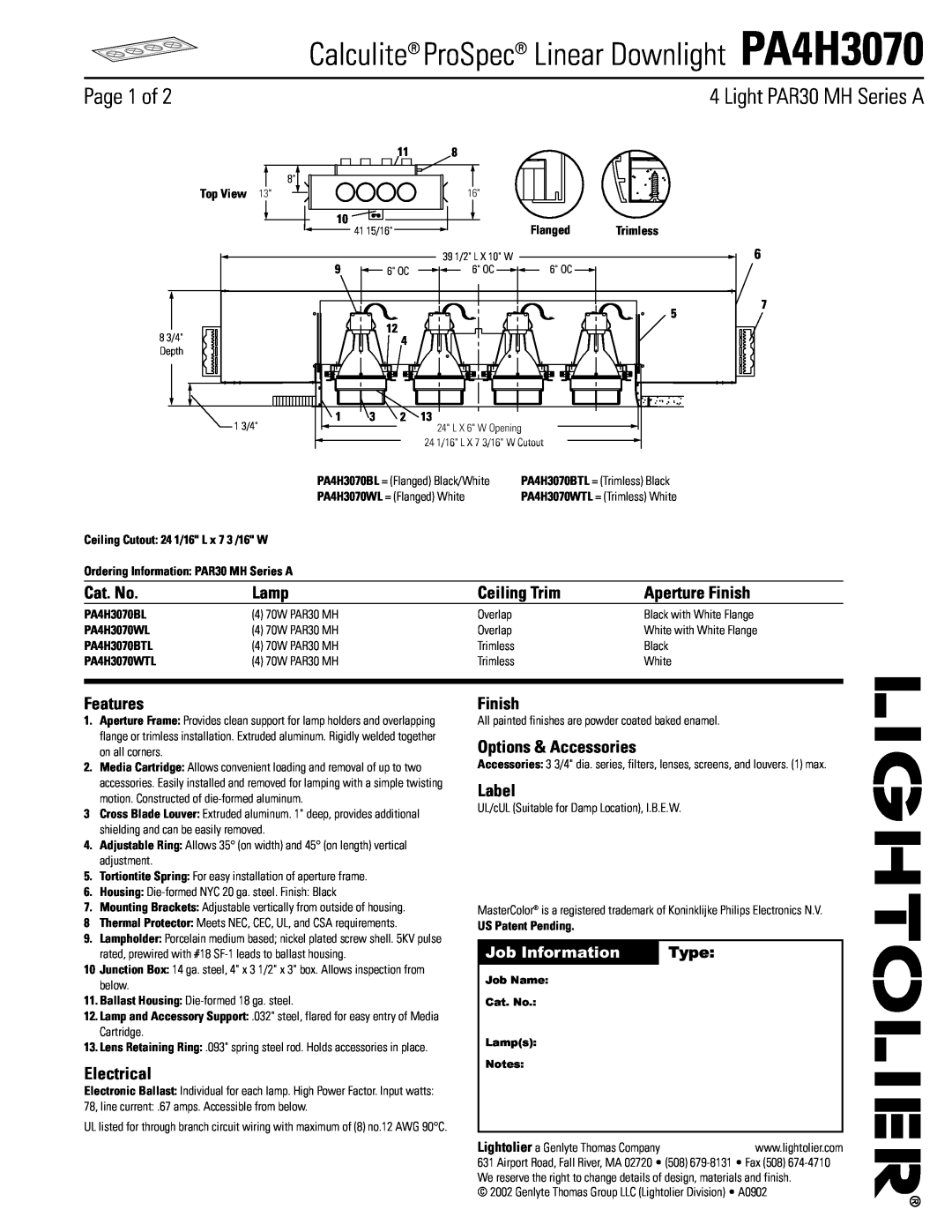Lightolier manual Calculite ProSpec Linear Downlight PA4H3070, Page 1 of, Light PAR30 MH Series A, Cat. No, Lamp, Label 