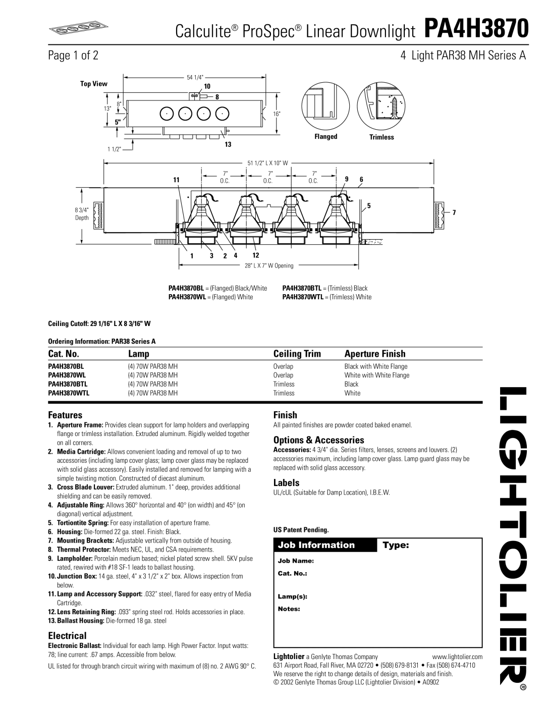 Lightolier PA4H3870 manual Cat. No Lamp Ceiling Trim Aperture Finish, Features, Electrical, Options & Accessories, Labels 