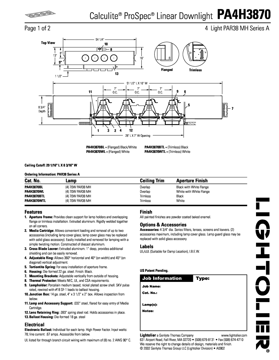 Lightolier PA4H3870 manual Page 1 of, Light PAR38 MH Series A, Cat. No, Lamp, Ceiling Trim, Aperture Finish, Features 