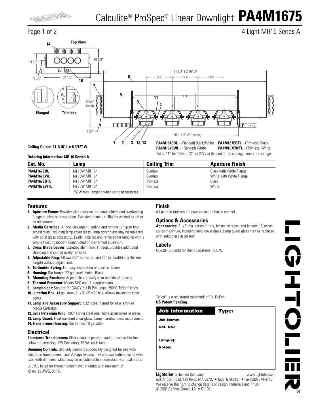 Lightolier PA4M1675 manual Cat. No Lamp Ceiling Trim Aperture Finish, Features, Electrical, Options & Accessories, Labels 