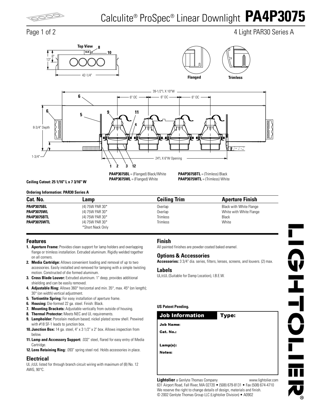 Lightolier manual Calculite ProSpec Linear Downlight PA4P3075, Light PAR30 Series a 