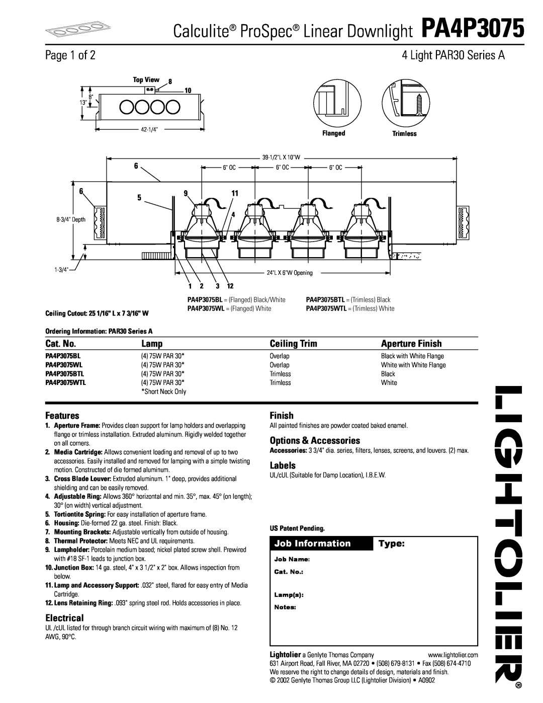 Lightolier PA4P3075 manual Page 1 of, Light PAR30 Series A, Cat. No, Lamp, Ceiling Trim, Aperture Finish, Features, Labels 