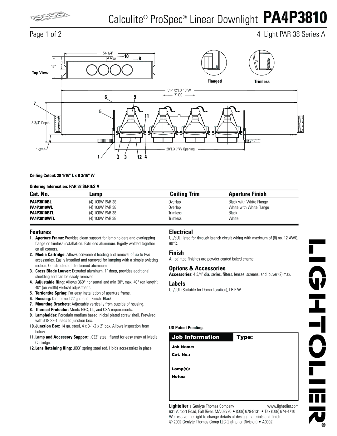 Lightolier manual Calculite ProSpec Linear Downlight PA4P3810 