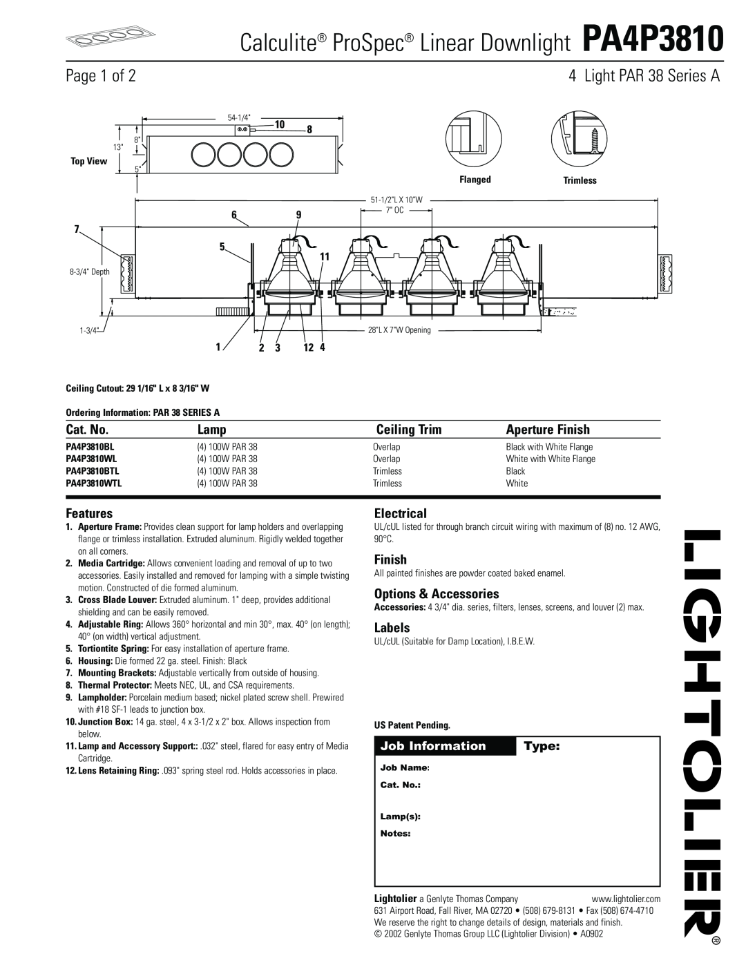 Lightolier manual Calculite ProSpec Linear Downlight PA4P3810, Page 1 of, Light PAR 38 Series A, Cat. No, Lamp, Finish 
