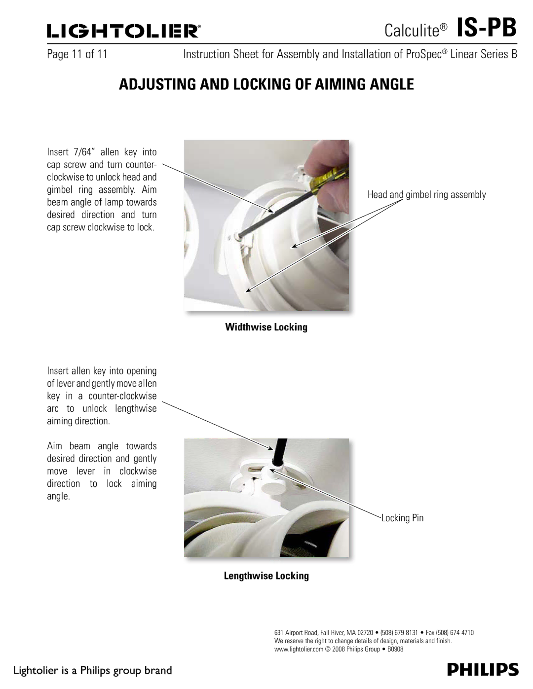 Lightolier PB manual Adjusting and Locking of Aiming Angle, Widthwise Locking, Lengthwise Locking 